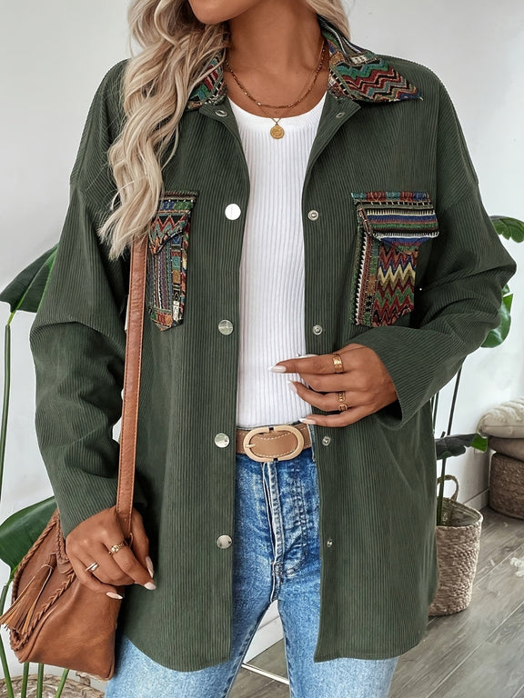 Snap Down Long Sleeve Jacket with Chest Pockets Army Green