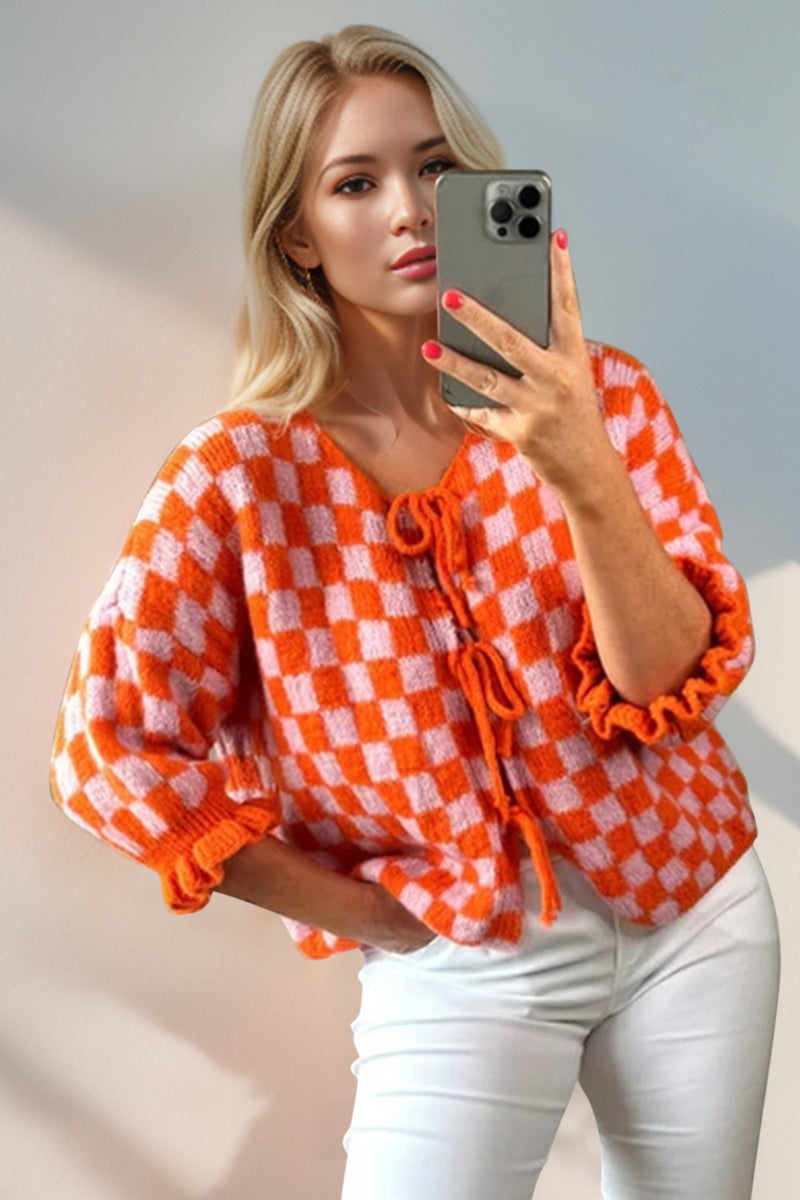 Double Take Tied Checkered Dropped Shoulder Flounce Sleeve Cardigan Orange