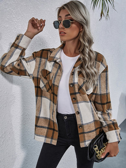 Plaid Button Down Collared Jacket Caramel