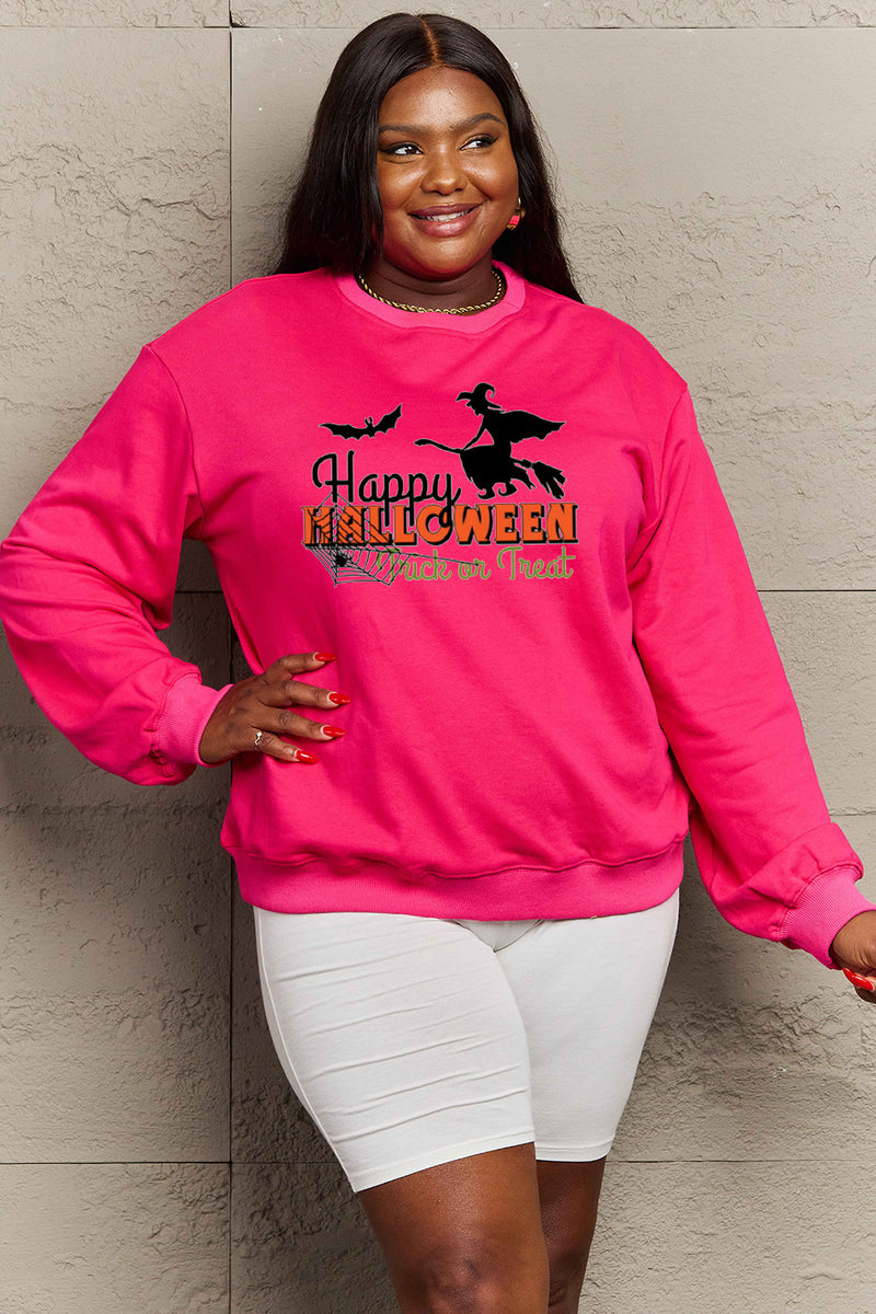 Simply Love Full Size HAPPY HALLOWEEN TRICK OR TREAT Graphic Sweatshirt Strawberry