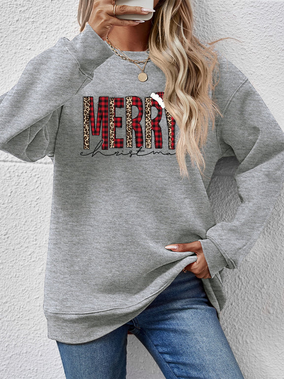 MERRY CHRISTMAS Round Neck Long Sleeve Sweatshirt Charcoal
