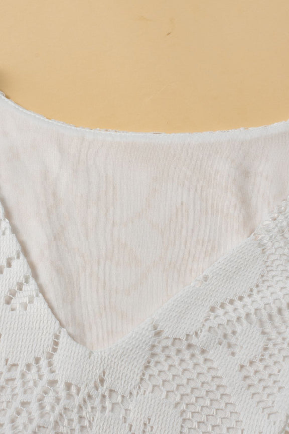 Lace Crochet Hollowed Scallop Hem V Neck Blouse