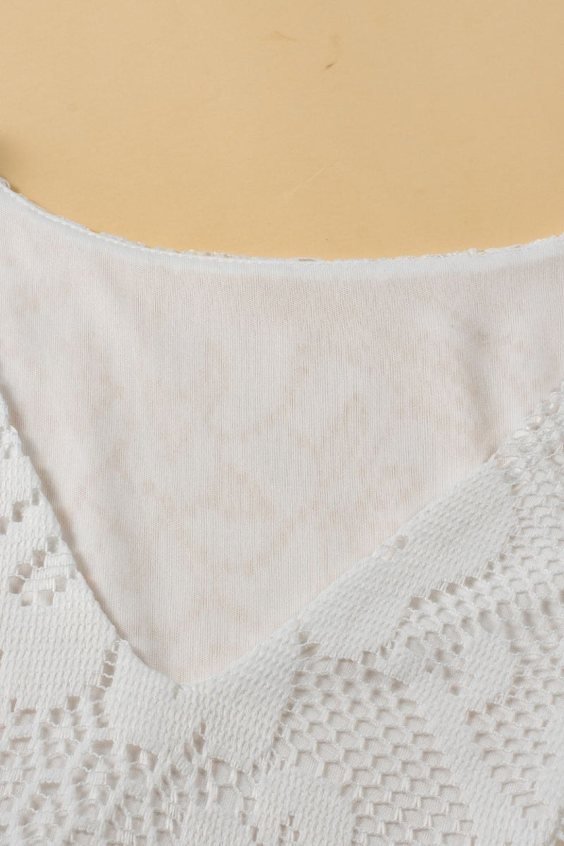 Lace Crochet Hollowed Scallop Hem V Neck Blouse