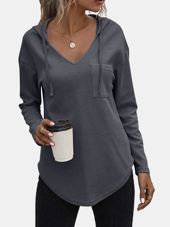Drawstring Waffle Knit Long Sleeve Hooded Top Dark Gray