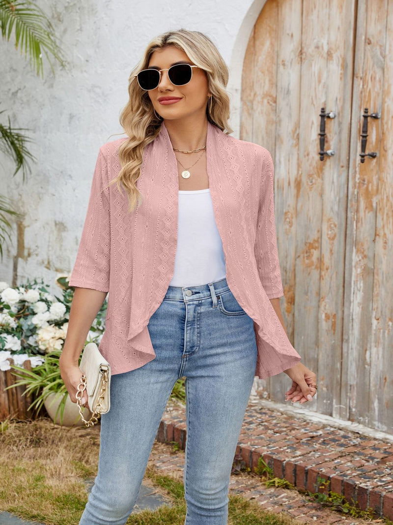 Eyelet Open Front Three-Quarter Sleeve Top Dusty Pink