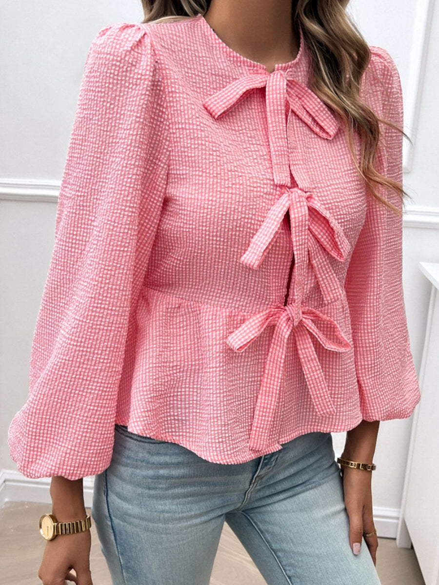 Devine Tied Round Neck Long Sleeve Blouse Strawberry
