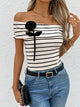 Perfee Striped Off-Shoulder Short Sleeve T-Shirt White