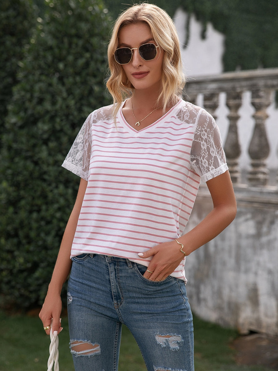 Ivy Lane Lace Detail Striped V-Neck T-Shirt Blush Pink