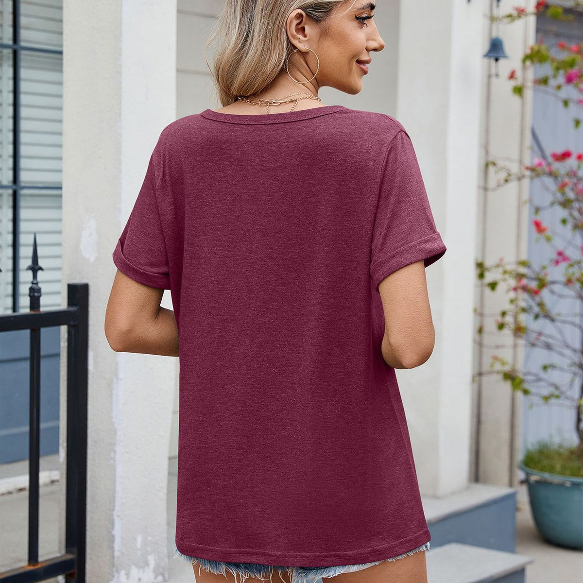 Florira Notched Short Sleeve T-Shirt
