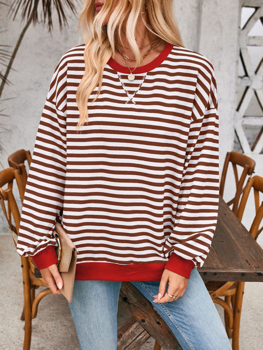 Lovelet Contrast Striped Long Sleeve Sweatshirt Dark Brown