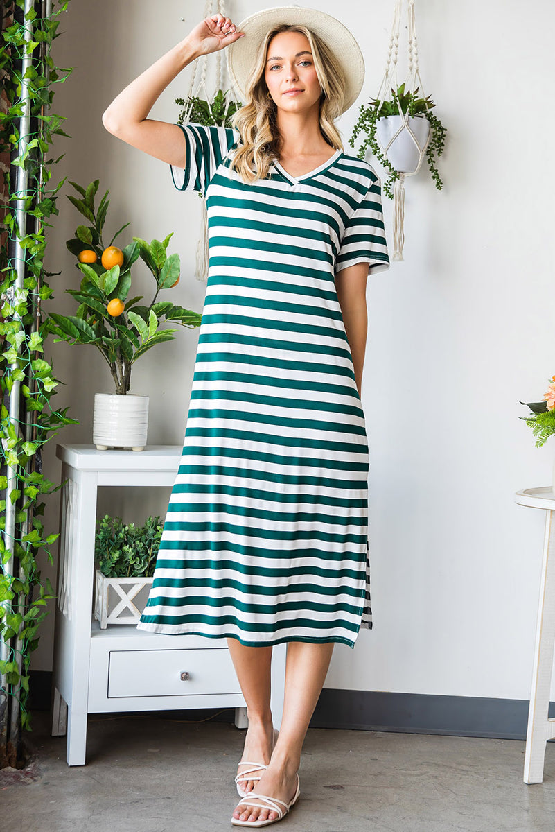 Striped V-Neck Short Sleeve Side Slit Dress Stripe