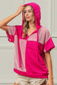 BiBi Color Block Exposed Seam Short Sleeve Hooded Top FUCHSIA