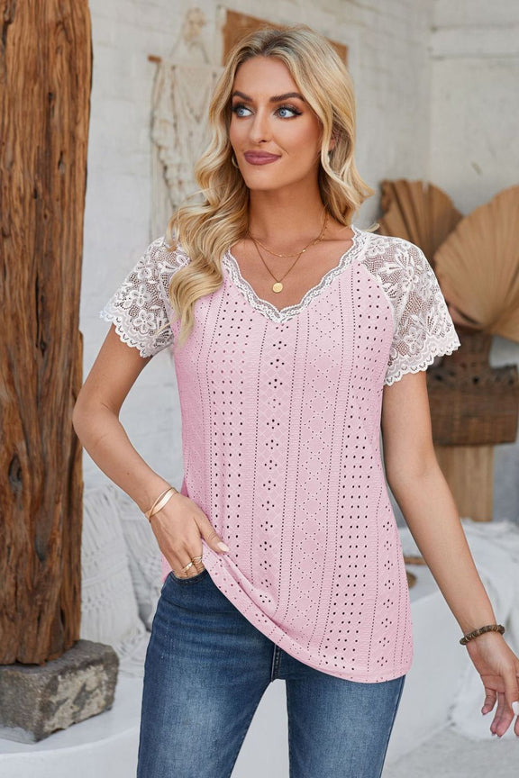 Eyelet V-Neck Lace Short Sleeve T-Shirt Blush Pink