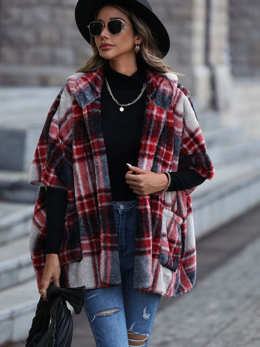 Image Plaid Hooded Coat with Pockets