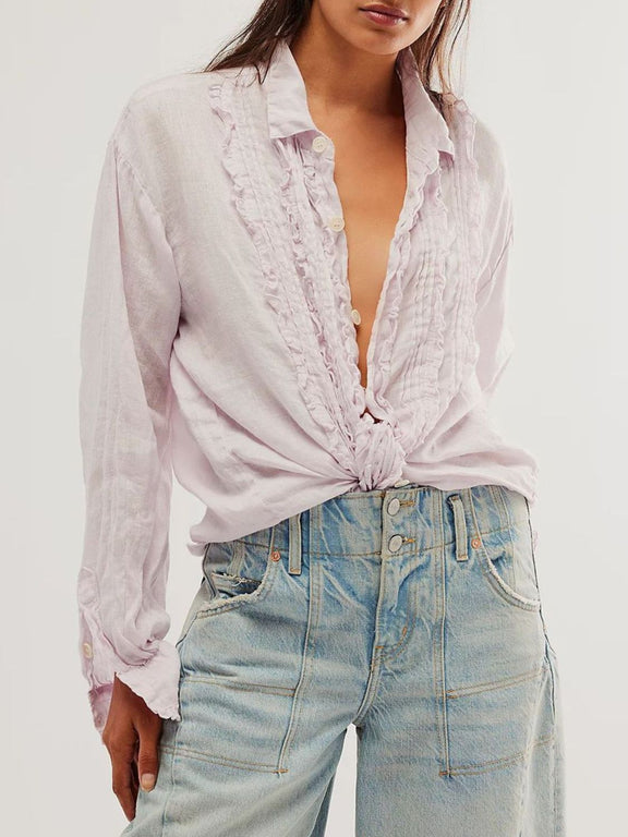 Frill Ruched Collared Neck Long Sleeve Shirt Pink Purple