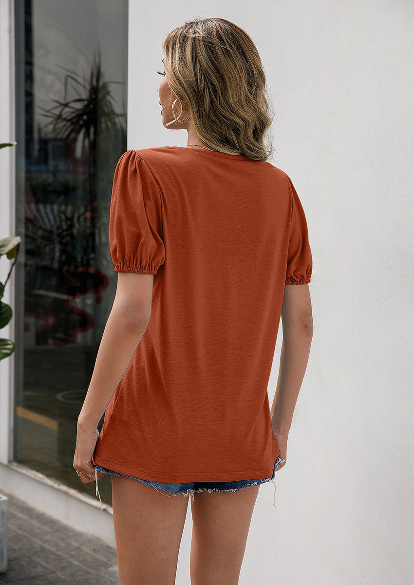 Ivy Lane V-Neck Decorative Buttons Puff Sleeve Tee