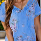 Full Size Printed Tie Neck Short Sleeve Blouse