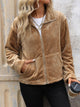 Perfee Pocketed Zip Up Collared Neck Long Sleeve Jacket Camel