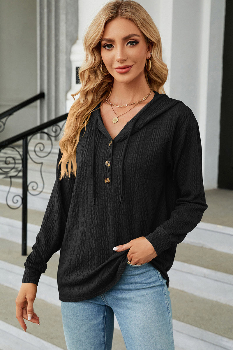 Drawstring Half Button Long Sleeve Hoodie Black