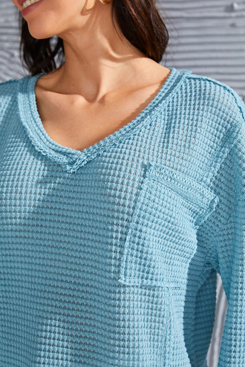 Waffle-Knit V-Neck Blouse with Breast Pocket