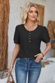Eyelet Round Neck Short Sleeve Blouse Black