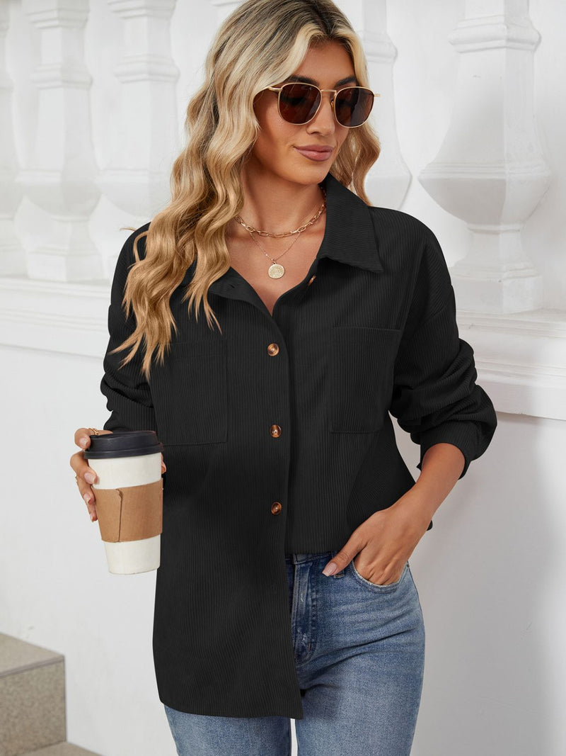 Button Up Dropped Shoulder Long Sleeve Outerwear