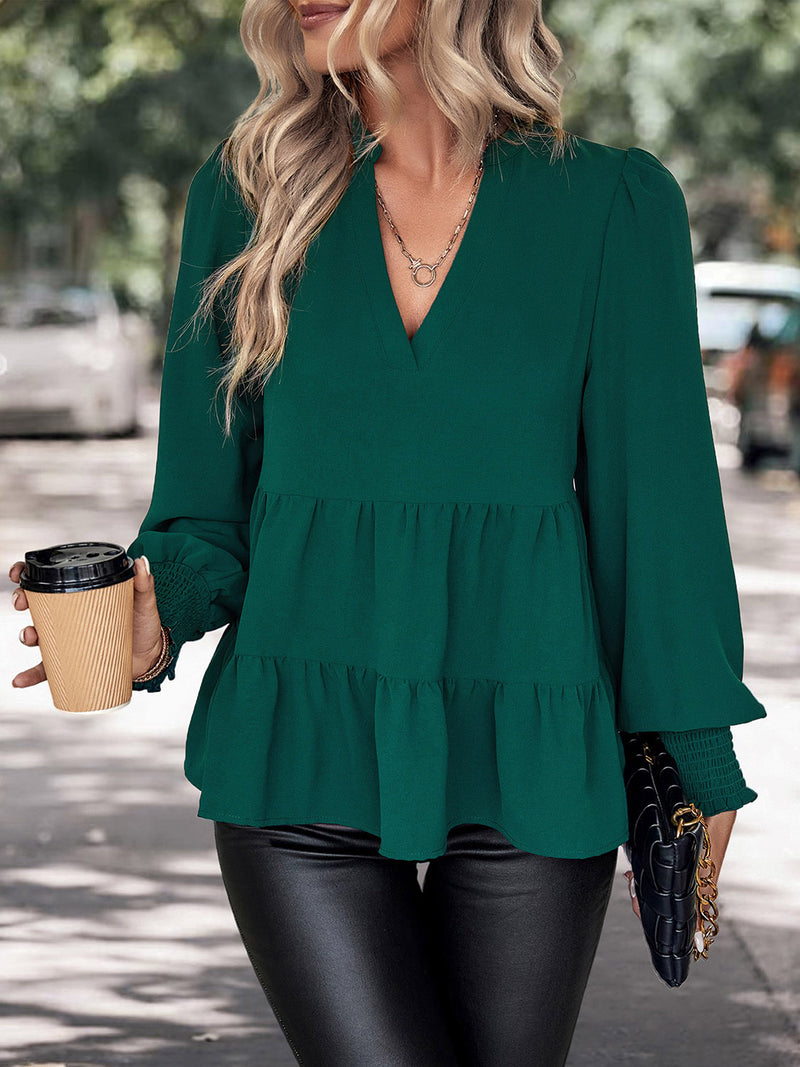 Perfee Notched Neck Lantern Sleeve Blouse