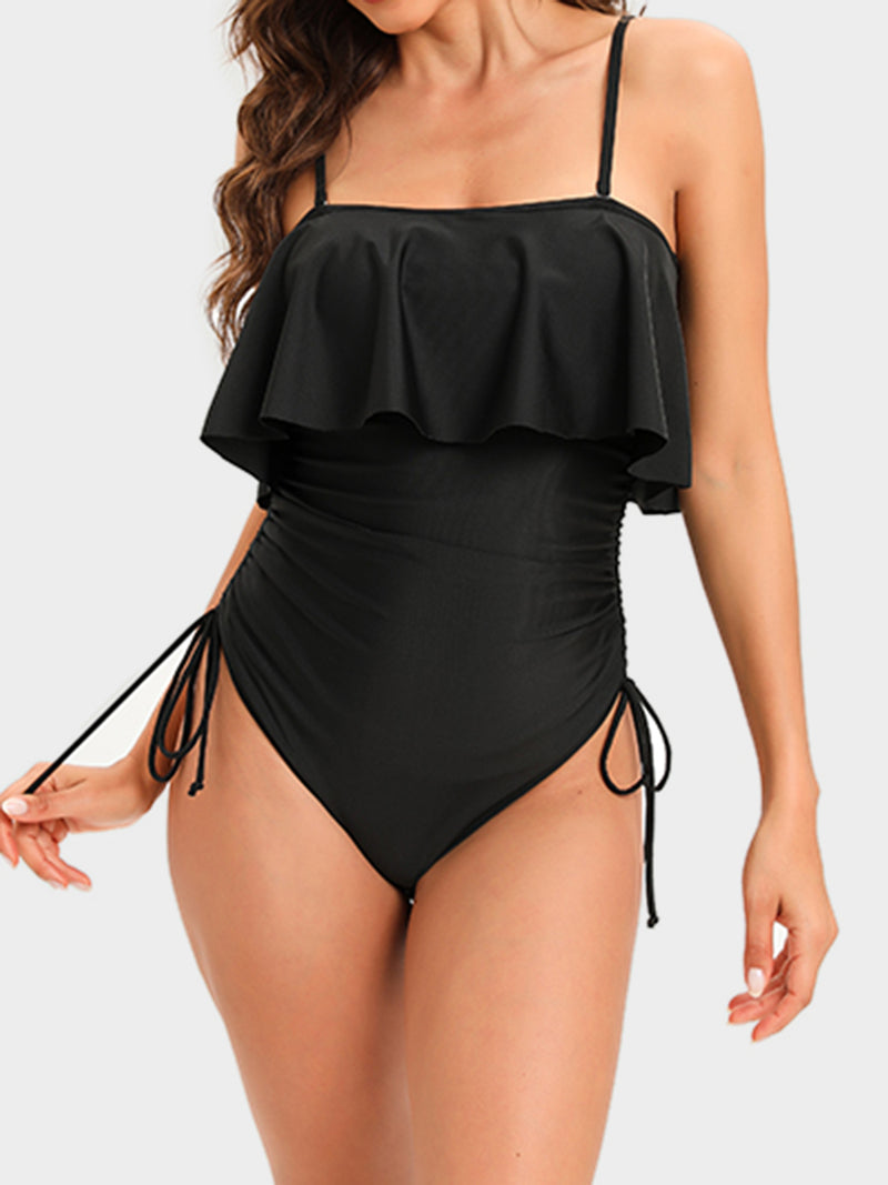 Drawstring Layered Spaghetti Strap One-Piece Swimwear