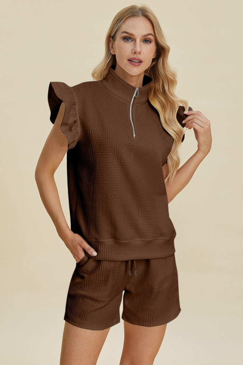 Double Take Full Size Texture Flounce Sleeve Top and Shorts Set Brown