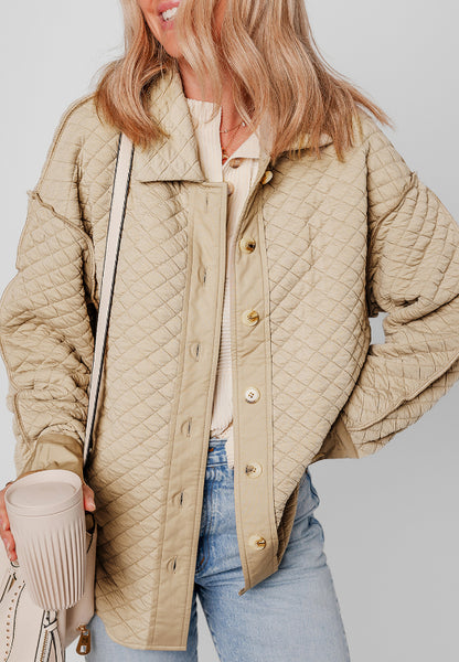 Exposed Seam Collared Neck Button Up Shacket Beige