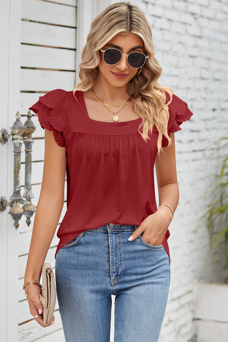 Eyelet Square Neck Cap Sleeve Blouse