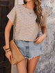 Perfee Eyelet Round Neck Short Sleeve T-Shirt Camel