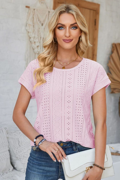 Eyelet Round Neck Rolled Short Sleeve T-Shirt Blush Pink