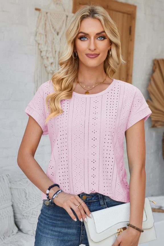 Eyelet Round Neck Rolled Short Sleeve T-Shirt Blush Pink