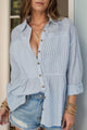 Frill Striped Collared Neck Long Sleeve Shirt Light Blue