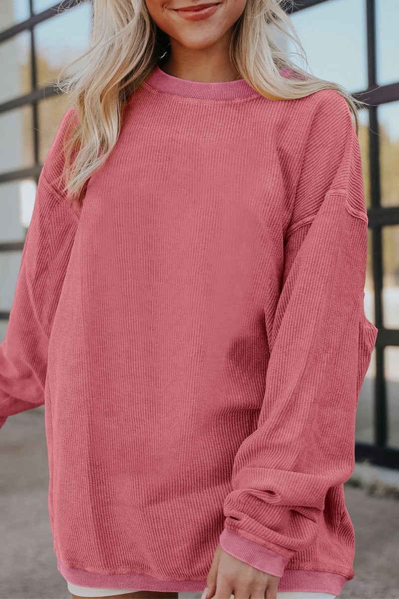 Ribbed Round Neck Drop Shoulder Sweatshirt Strawberry