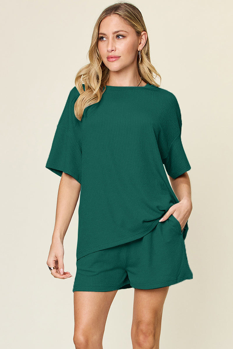 Double Take Full Size Round Neck Short Sleeve T-Shirt and Shorts Set Deep Teal