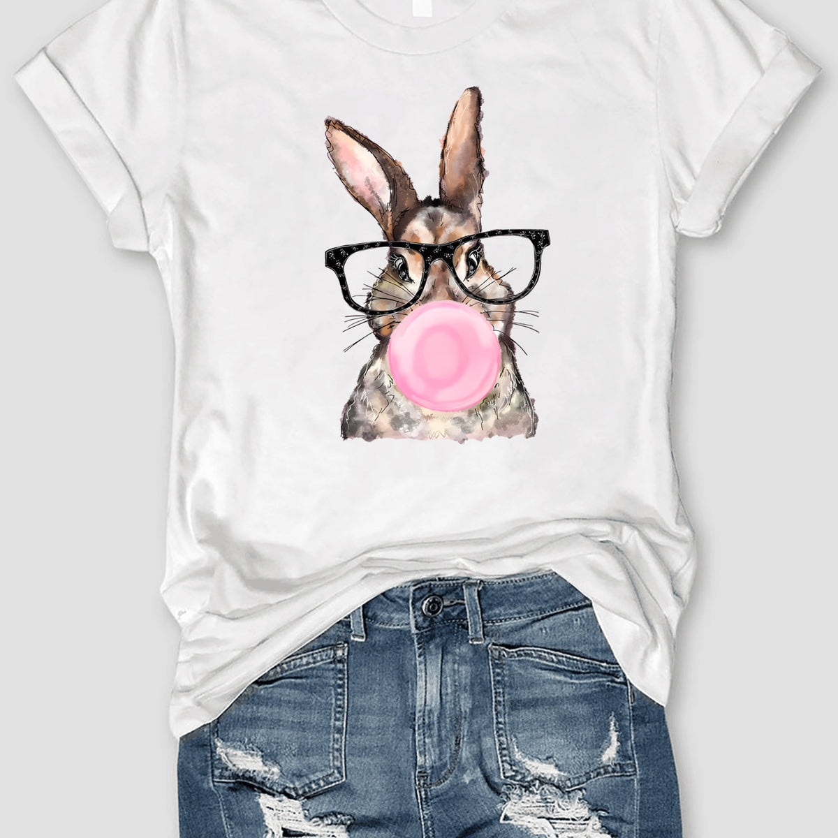 Rabbit Round Neck Short Sleeve T-Shirt White