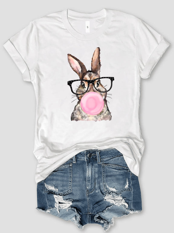 Rabbit Round Neck Short Sleeve T-Shirt White
