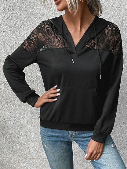 Perfee Lace Trim Dropped Shoulder Hoodie Black