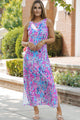 Printed Round Neck Slit Sleeveless Dress Multicolor
