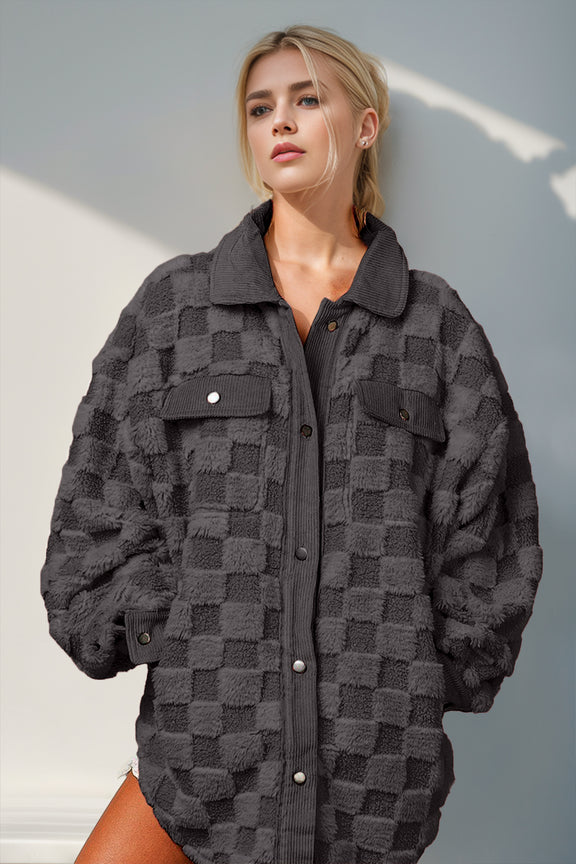 Double Take Button Up Fuzzy Checkered Shacket Black