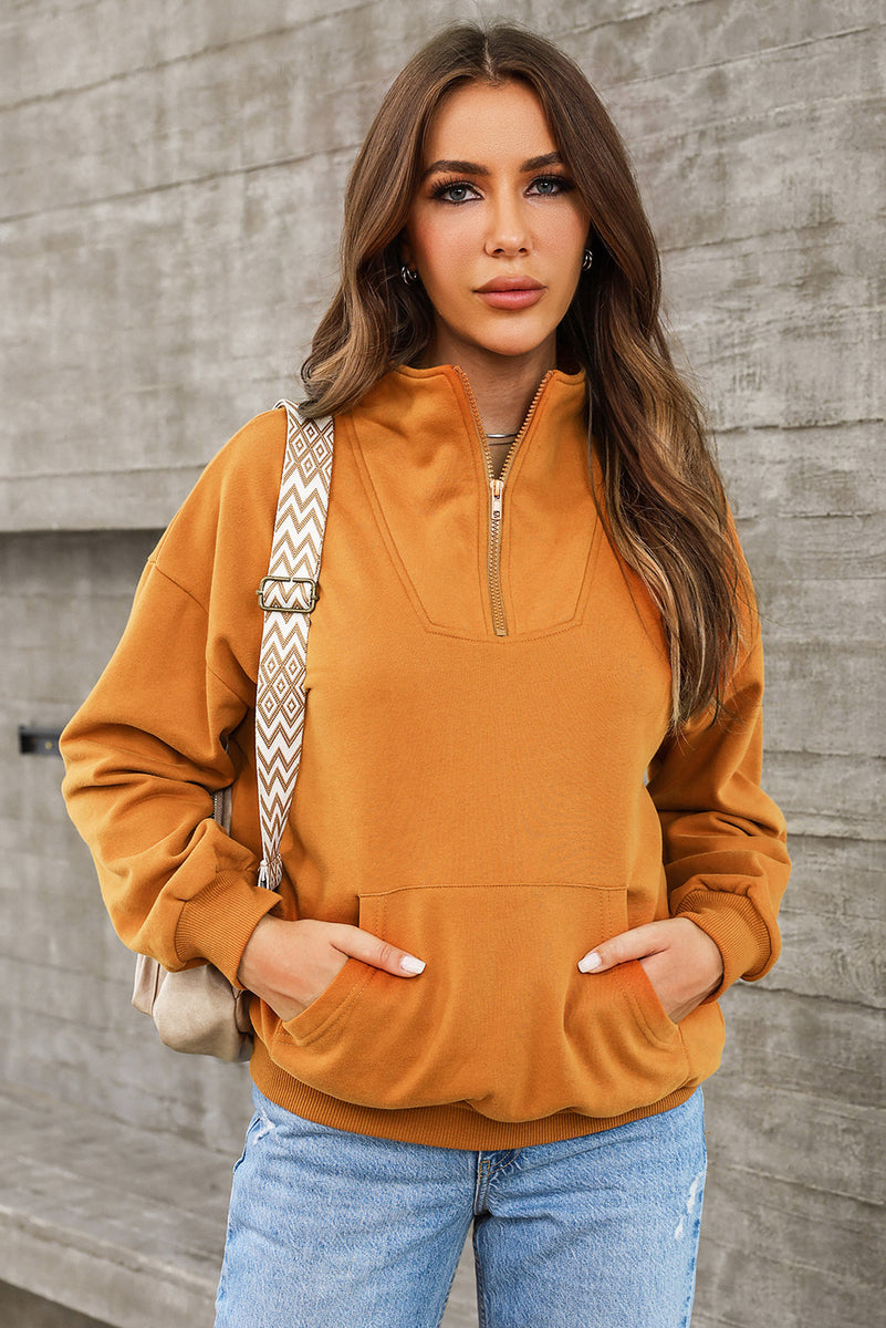 Quarter Zip Dropped Shoulder Sweatshirt Caramel