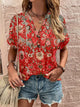 Full Size Printed Notched Short Sleeve Blouse Deep Red