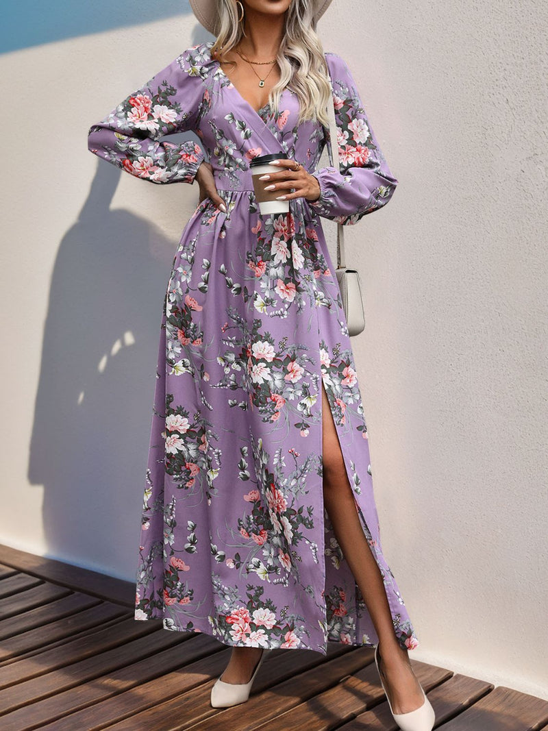 Slit Printed Surplice Long Sleeve Maxi Dress