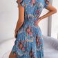 Pleated Floral Printed Tie Neck Knee Length Dress