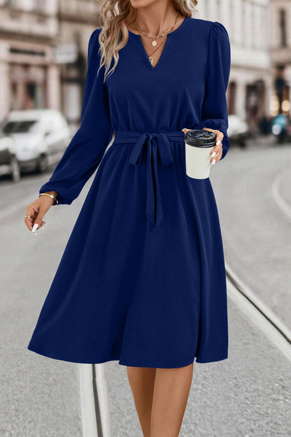 Tie Waist Notched Neck Long Sleeve Dress Navy