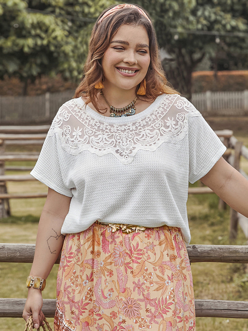 Plus Size Lace Detail Round Neck Short Sleeve Top