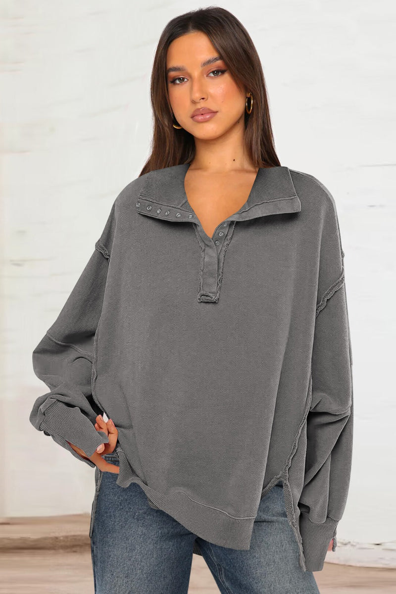 Exposed Seam Side Slit Long Sleeve Sweatshirt Dark Gray