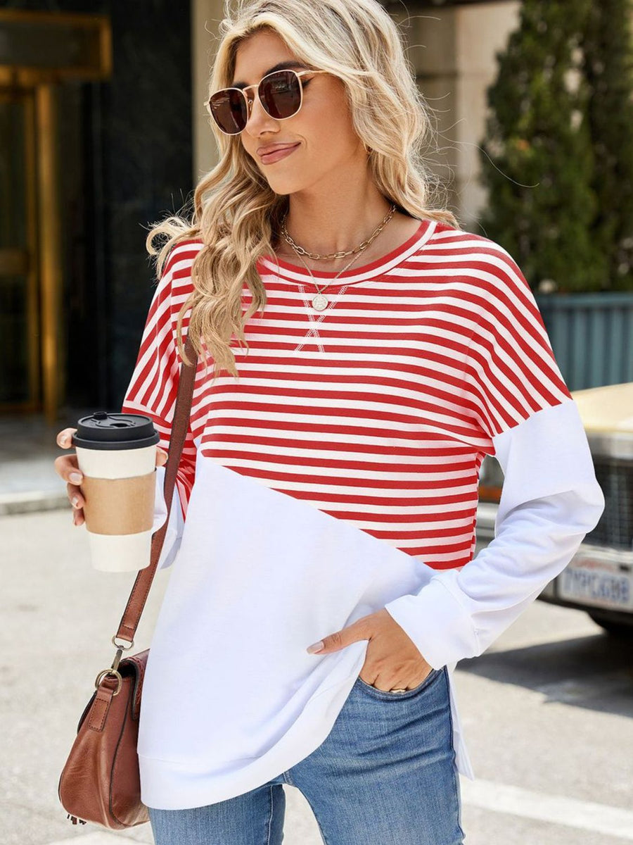 Slit Contrast Striped Long Sleeve Sweatshirt Scarlet